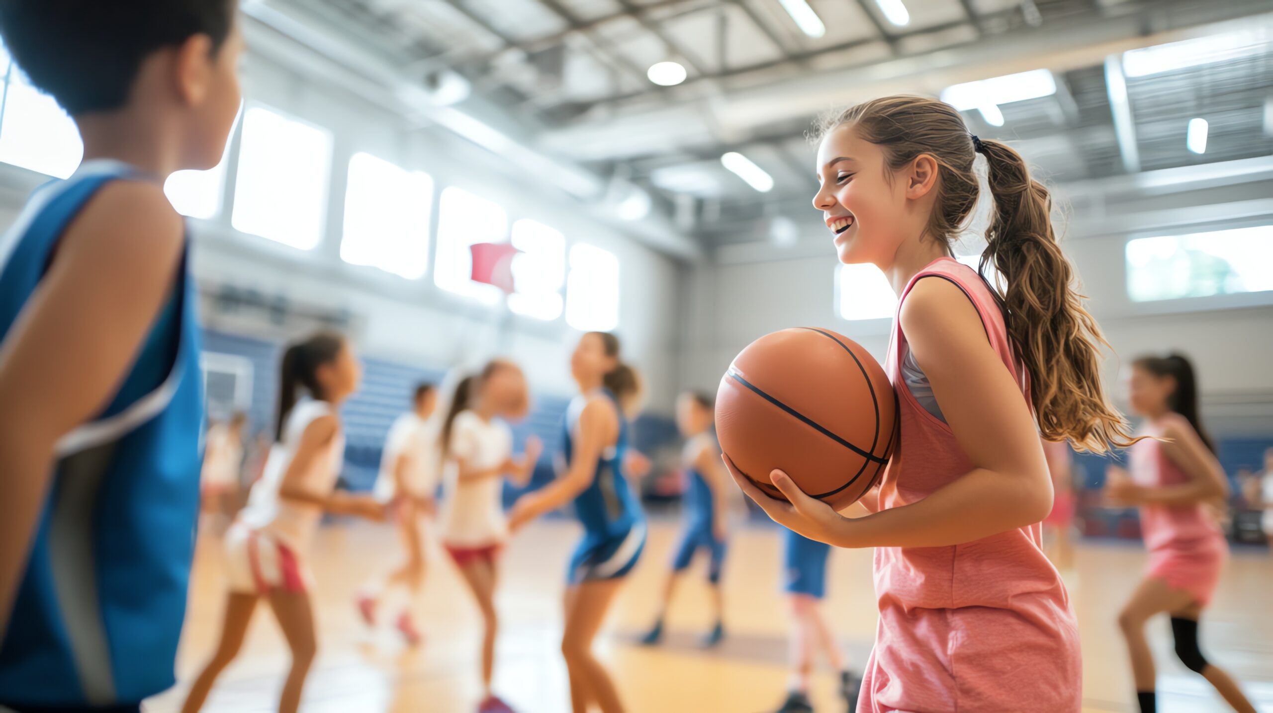 Young baller A young girl smiles while holding a basketball during a game with teammates.